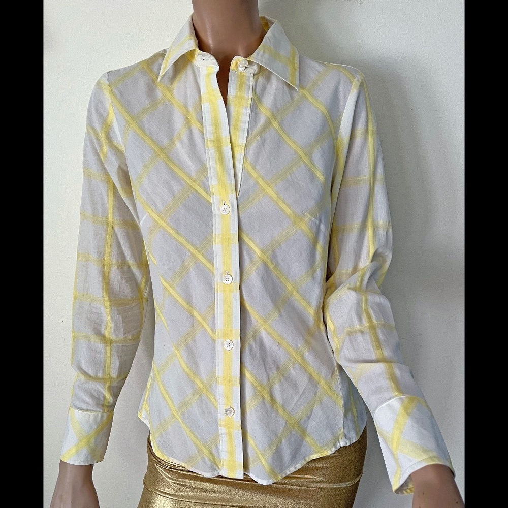 Banana Republic white yellow plaid button down shirt S